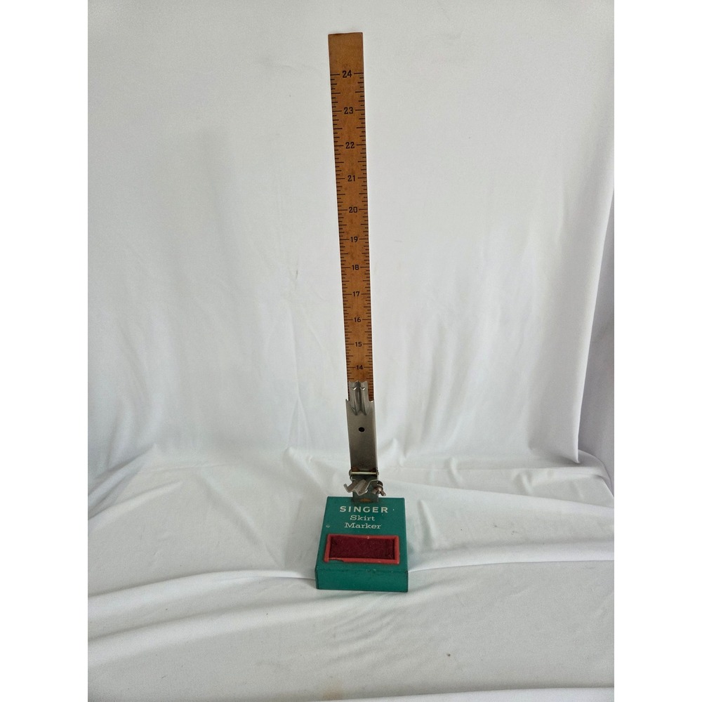 Vintage Singer Skirt Marker Wooden Ruler, Metal Base Pin Cushion Sewing Tool